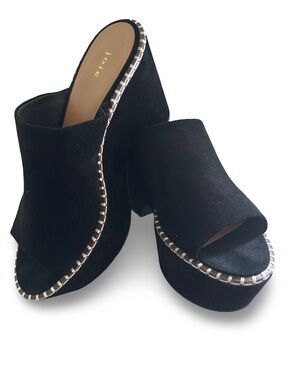Joie Black Suede Open-Toe Platform Mules with Contrast Stitching